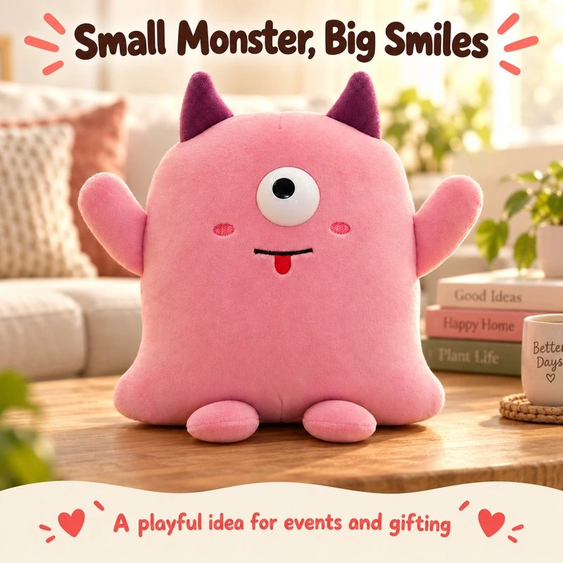 Illustrative application scene featuring two horn pink one eyed monster plush; setting is a concept.