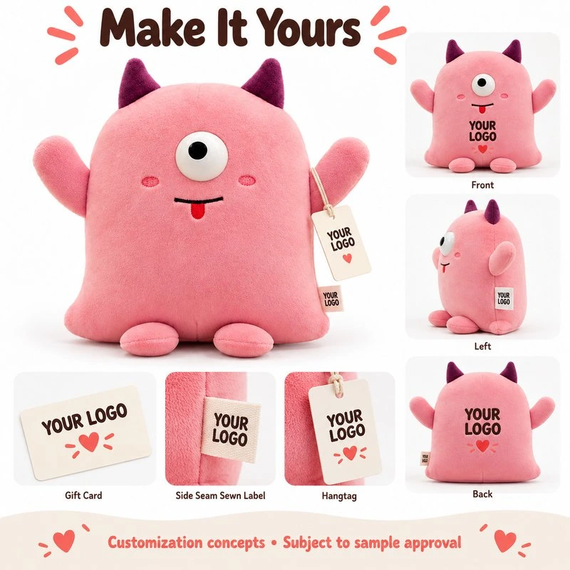 Customization concept for two horn pink one eyed monster plush; feasibility and sample approval required.