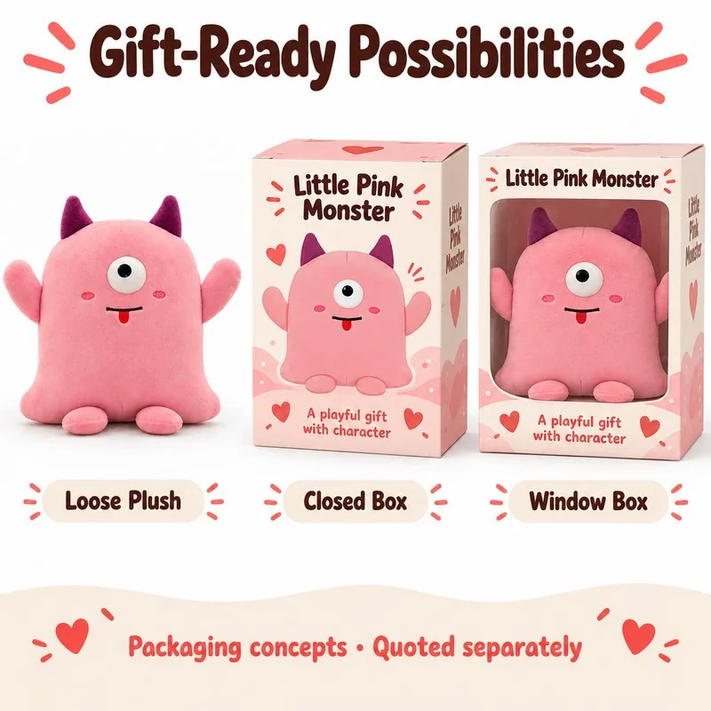 Two Horn Pink One Eyed Monster Plush — optional packaging concept; final artwork, fit and quotation require confirmation.