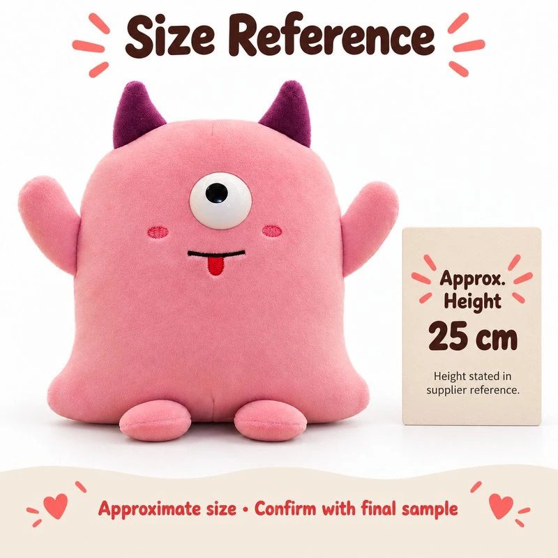 Two Horn Pink One Eyed Monster Plush — proposed size reference; dimensions require sample confirmation.