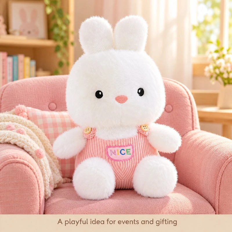 Illustrative application scene featuring pink overalls white bunny plush; setting is a concept.