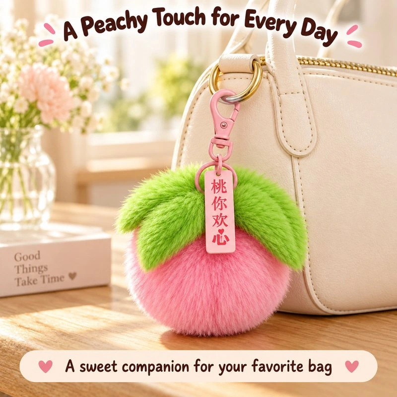 Illustrative application scene featuring pink peach plush keychain; setting is a concept.