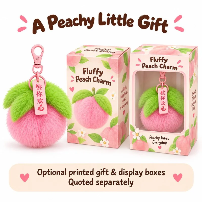 Pink Peach Plush Keychain — optional packaging concept; final artwork, fit and quotation require confirmation.