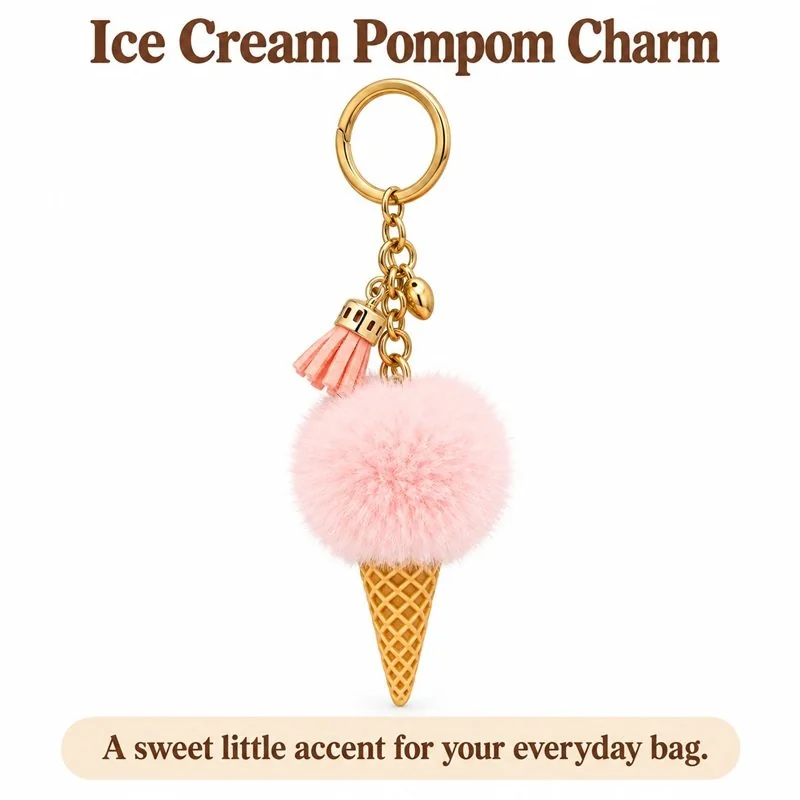 Pink Pompom Ice Cream Keychain