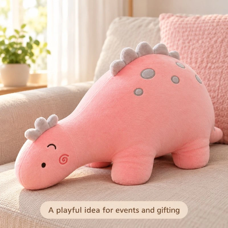 Illustrative application scene featuring long body pink dinosaur plush; setting is a concept.