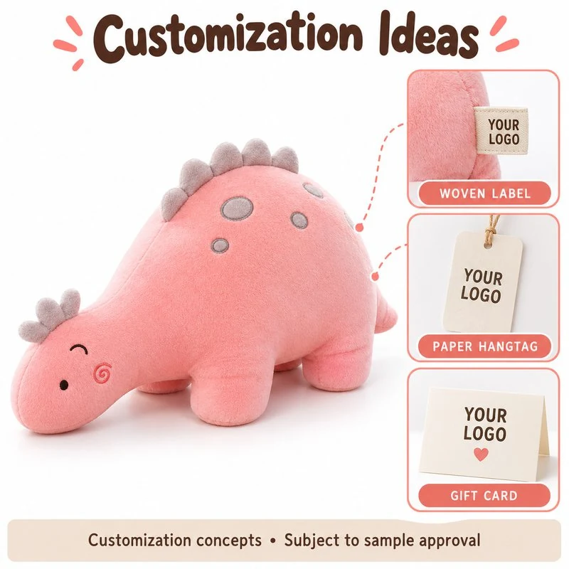 Customization concept for long body pink dinosaur plush; feasibility and sample approval required.