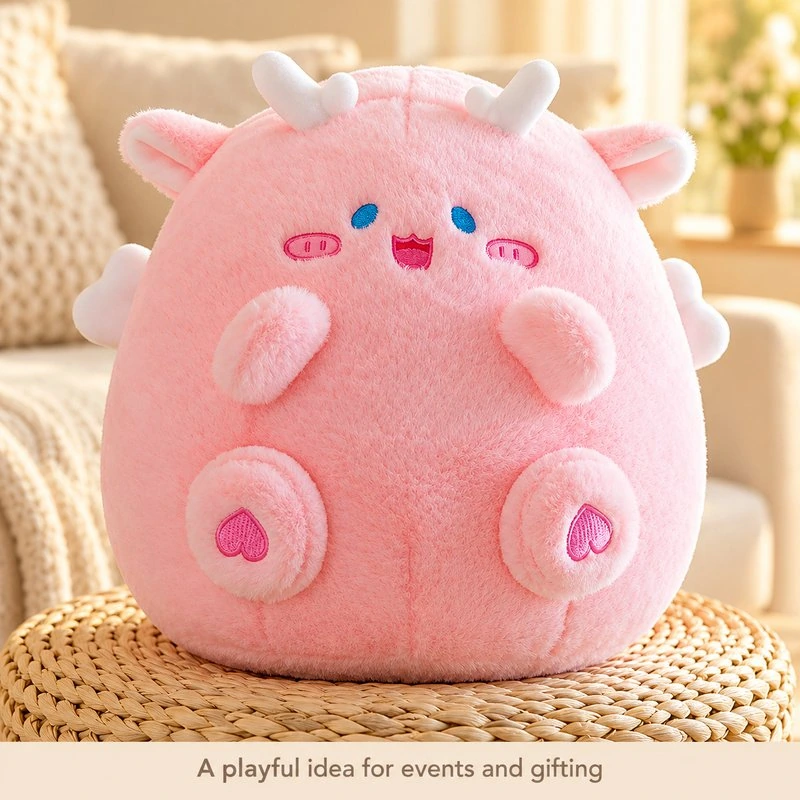 Illustrative application scene featuring pink round dragon plush; setting is a concept.