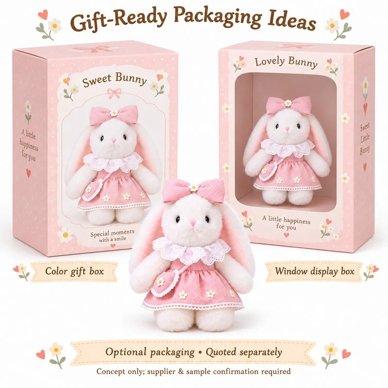 Pink Ruffle Dress Lop Ear Bunny Plush — optional packaging concept; final artwork, fit and quotation require confirmation.