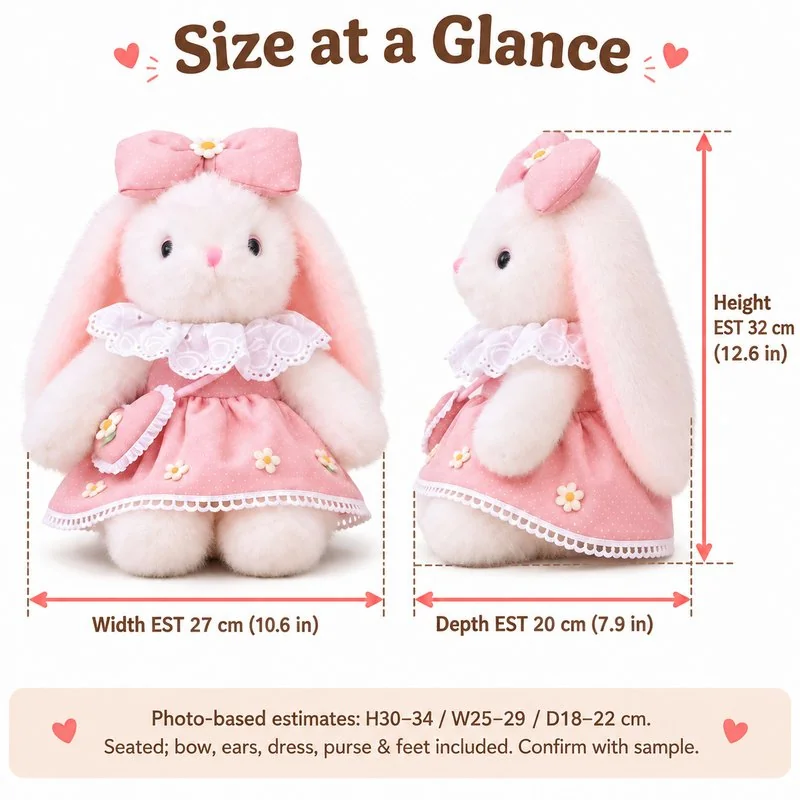 Pink Ruffle Dress Lop Ear Bunny Plush — proposed size reference; dimensions require sample confirmation.