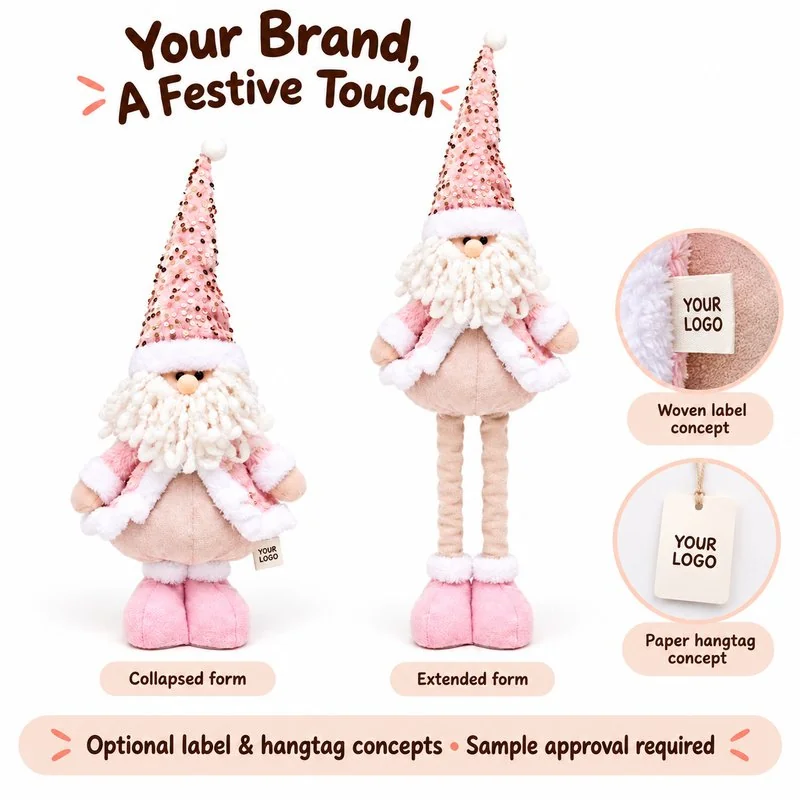 Private-label concept for pink sequin santa decoration, showing proposed brand label and hangtag options; sample approval required.