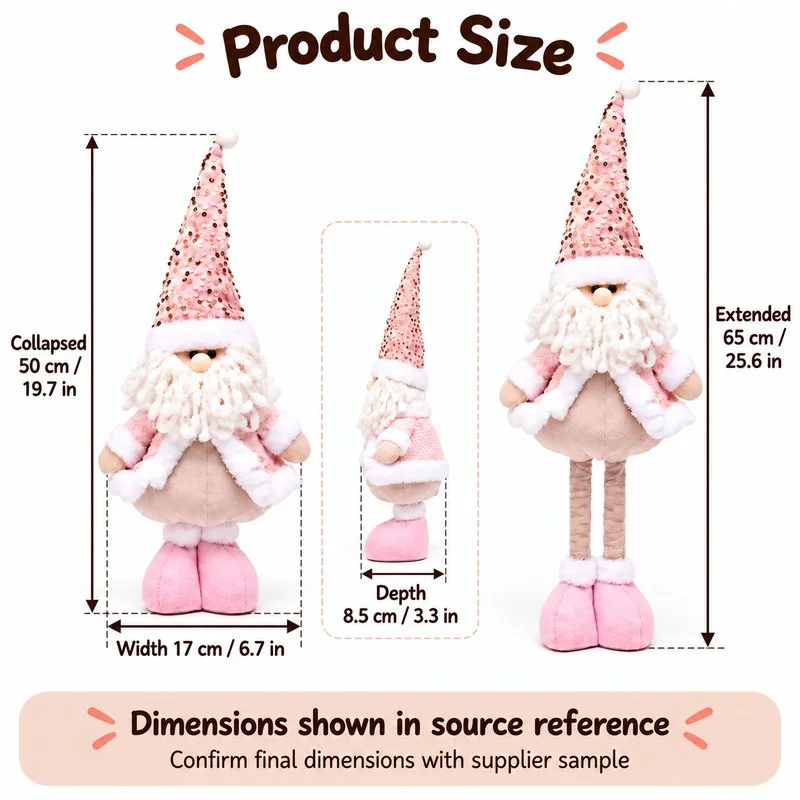 Pink Sequin Santa Decoration — proposed size reference; dimensions require sample confirmation.