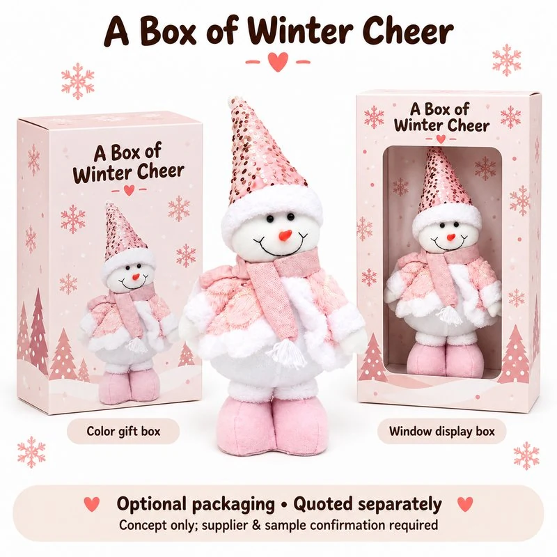 Pink Sequin Snowman Decoration — optional packaging concept; final artwork, fit and quotation require confirmation.