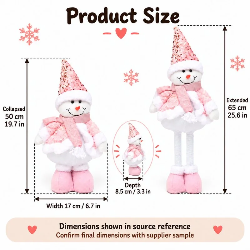 Pink Sequin Snowman Decoration — proposed size reference; dimensions require sample confirmation.