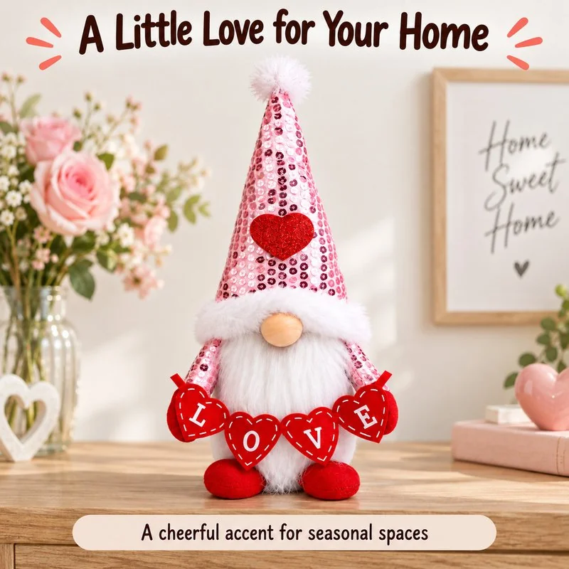 Illustrative application scene featuring pink sequin valentine gnome plush; setting is a concept.