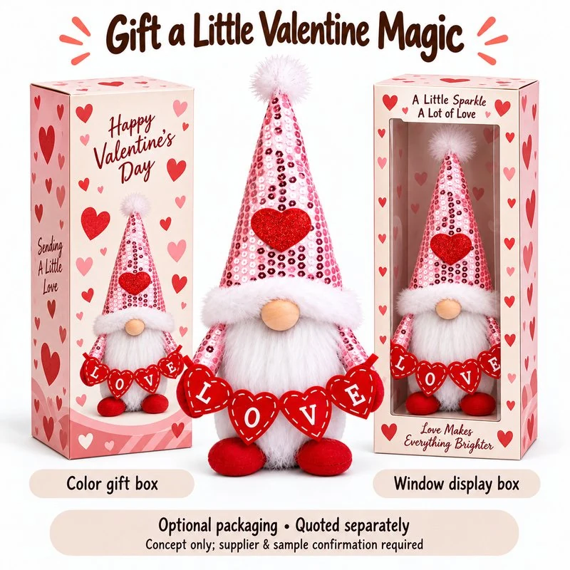 Pink Sequin Valentine Gnome Plush — optional packaging concept; final artwork, fit and quotation require confirmation.