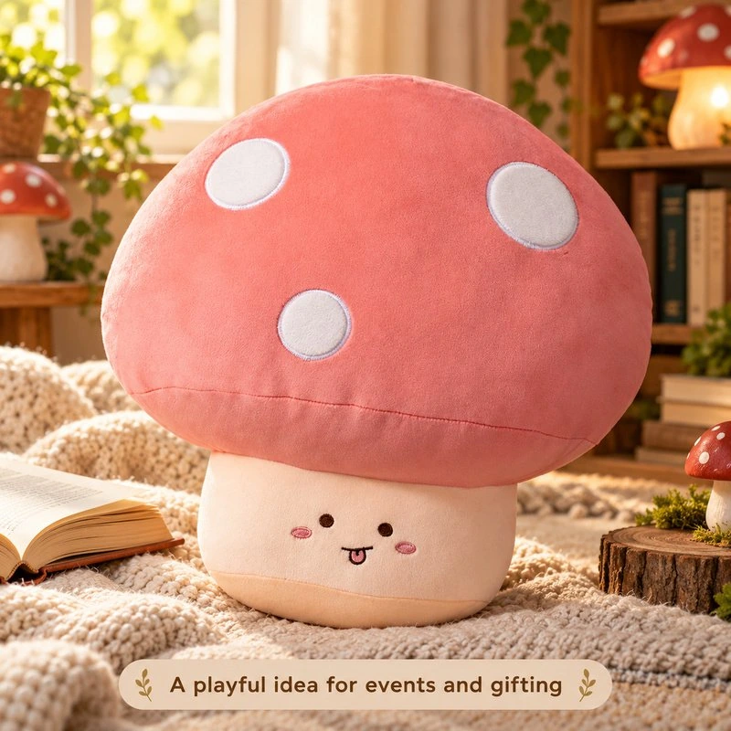 Illustrative application scene featuring pink spotted mushroom plush pillow; setting is a concept.