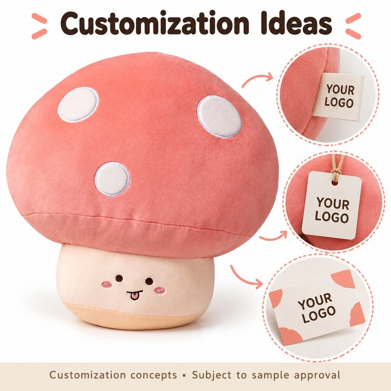 Customization concept for pink spotted mushroom plush pillow; feasibility and sample approval required.