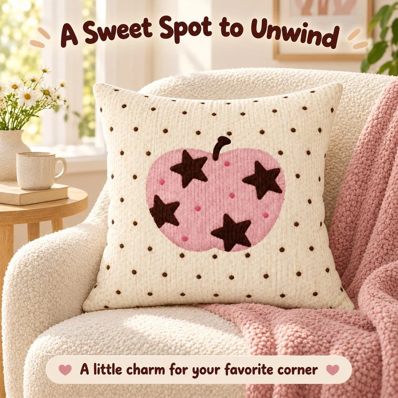 Illustrative application scene featuring pink starry apple square cushion; setting is a concept.
