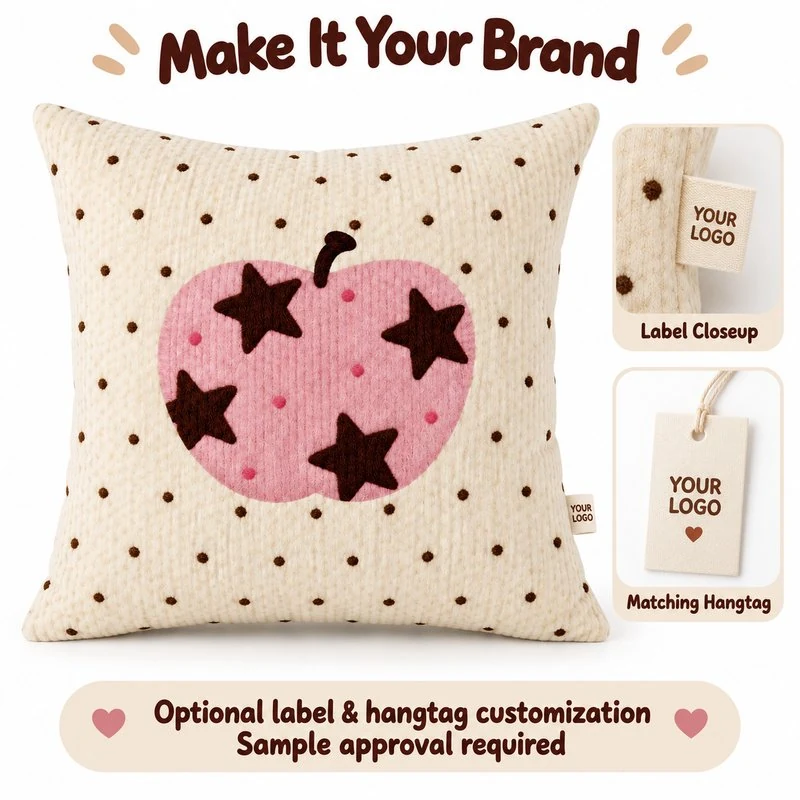 Customization concept for pink starry apple square cushion; feasibility and sample approval required.