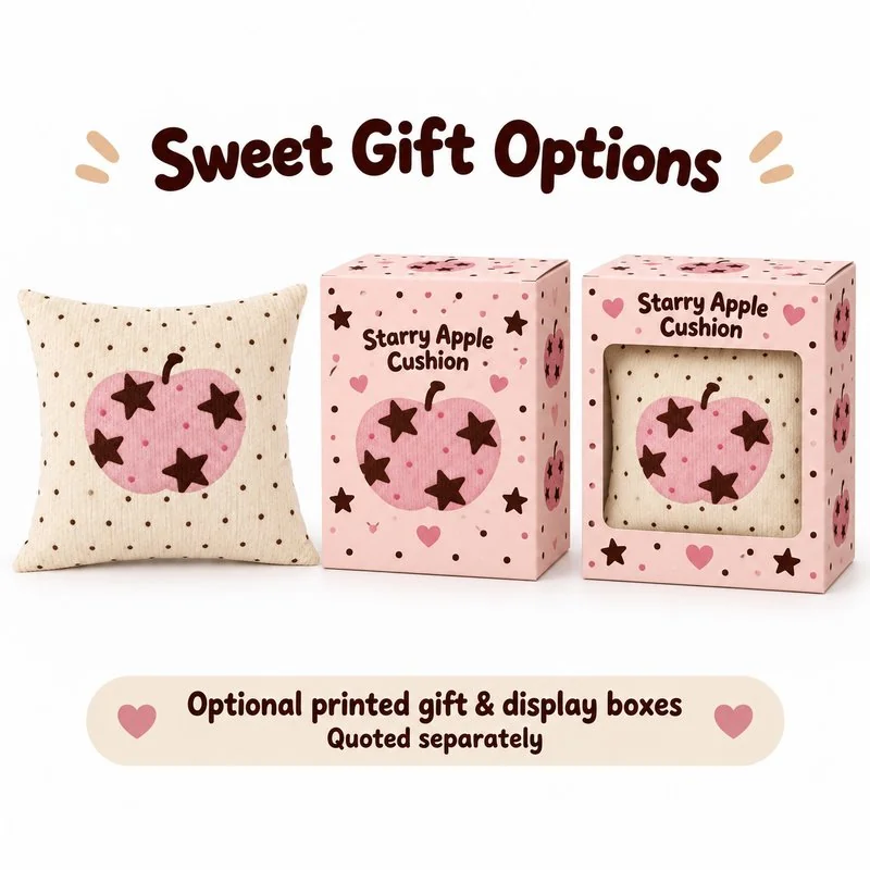 Pink Starry Apple Square Cushion — optional packaging concept; final artwork, fit and quotation require confirmation.