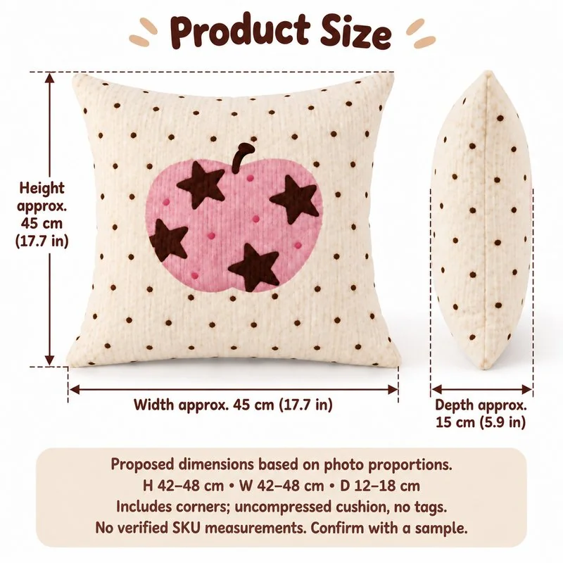 Pink Starry Apple Square Cushion — proposed size reference; dimensions require sample confirmation.