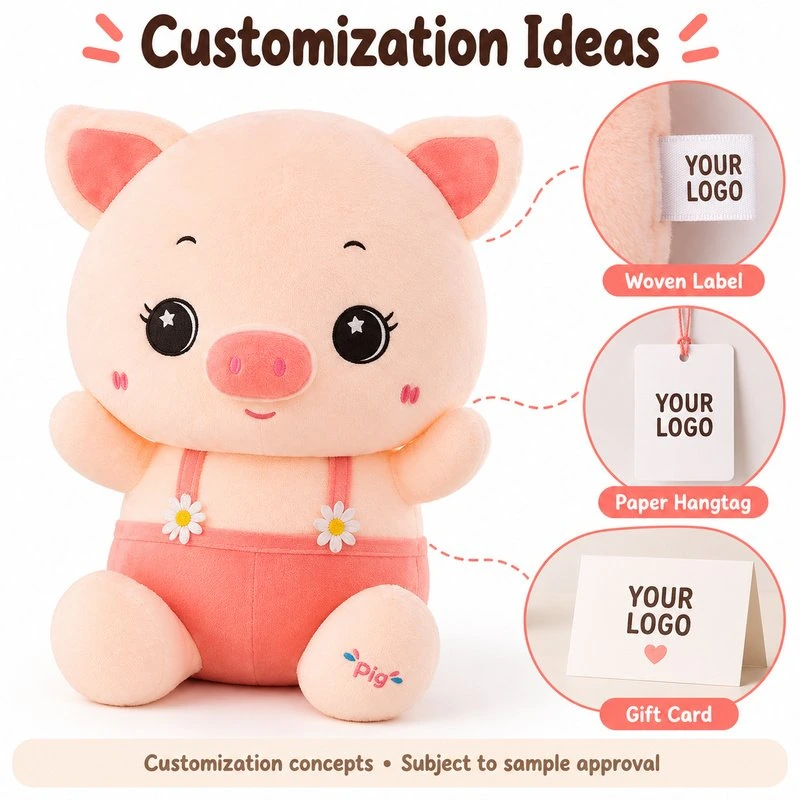 Customization concept for pink suspender pig plush; feasibility and sample approval required.