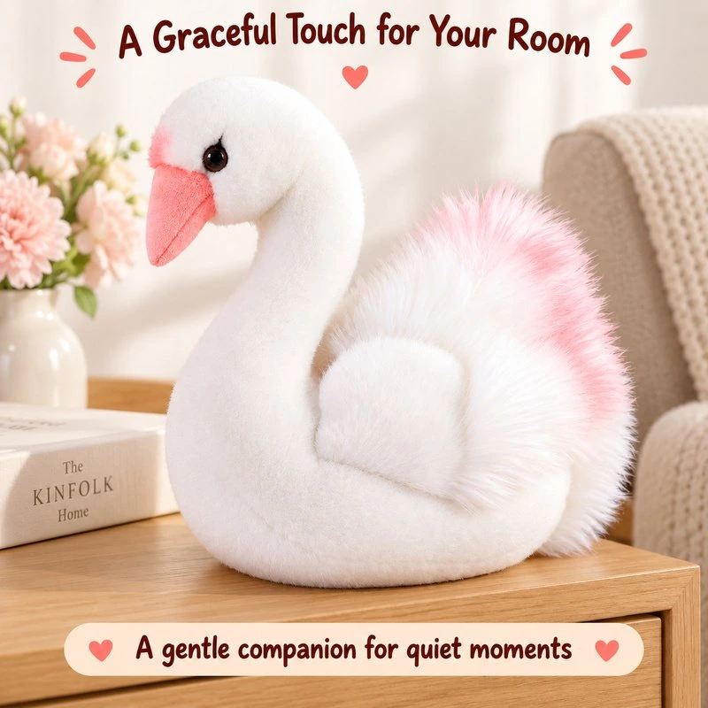 Illustrative application scene featuring pink tail white swan plush; setting is a concept.