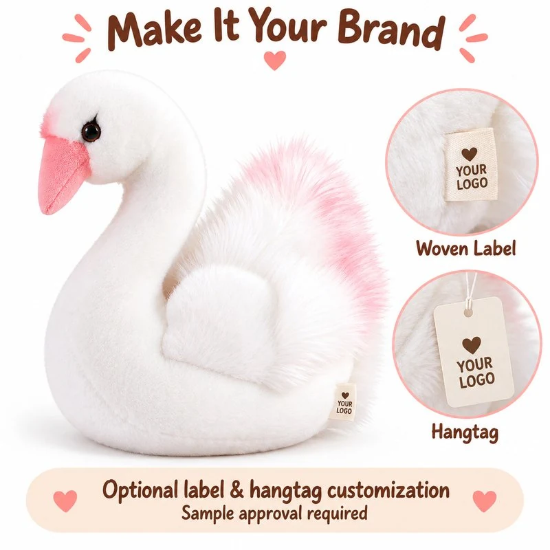 Customization concept for pink tail white swan plush; feasibility and sample approval required.
