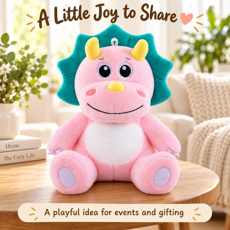 Illustrative application scene featuring pink teal frill triceratops plush; setting is a concept.