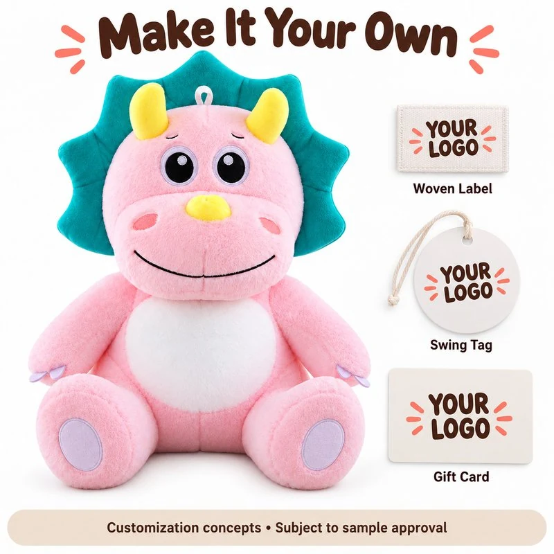 Customization concept for pink teal frill triceratops plush; feasibility and sample approval required.