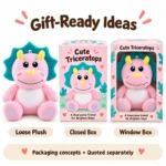 Pink Teal Frill Triceratops Plush — optional packaging concept; final artwork, fit and quotation require confirmation.