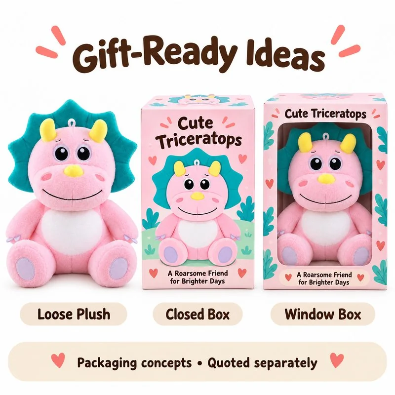 Pink Teal Frill Triceratops Plush — optional packaging concept; final artwork, fit and quotation require confirmation.