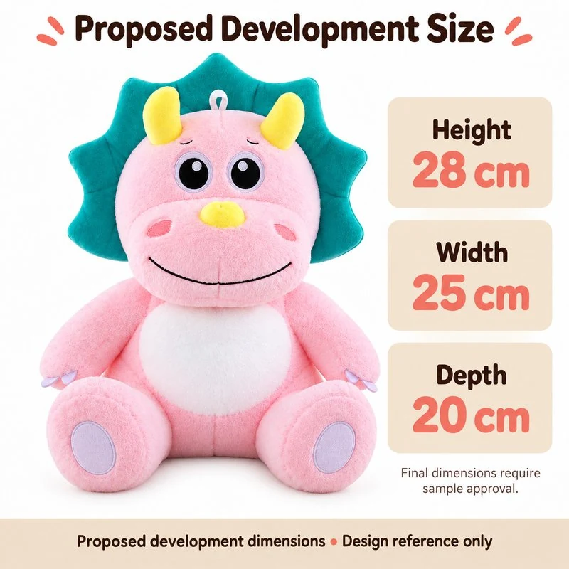 Pink Teal Frill Triceratops Plush — proposed size reference; dimensions require sample confirmation.