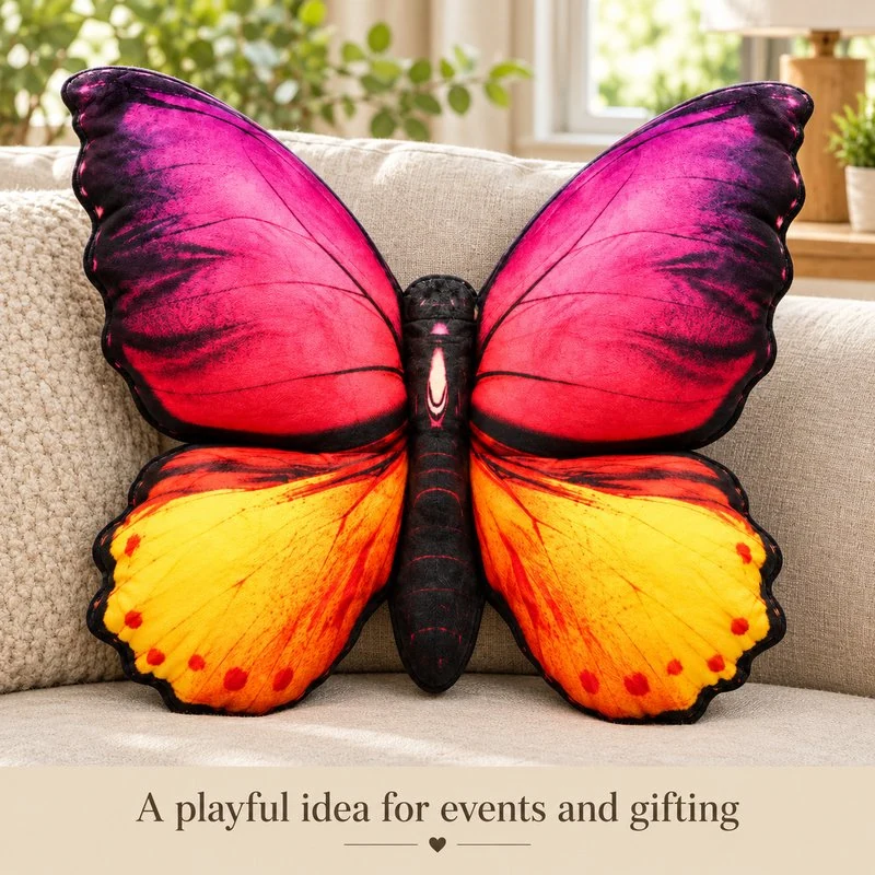 Illustrative application scene featuring pink yellow butterfly plush pillow; setting is a concept.