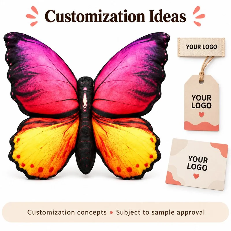 Customization concept for pink yellow butterfly plush pillow; feasibility and sample approval required.