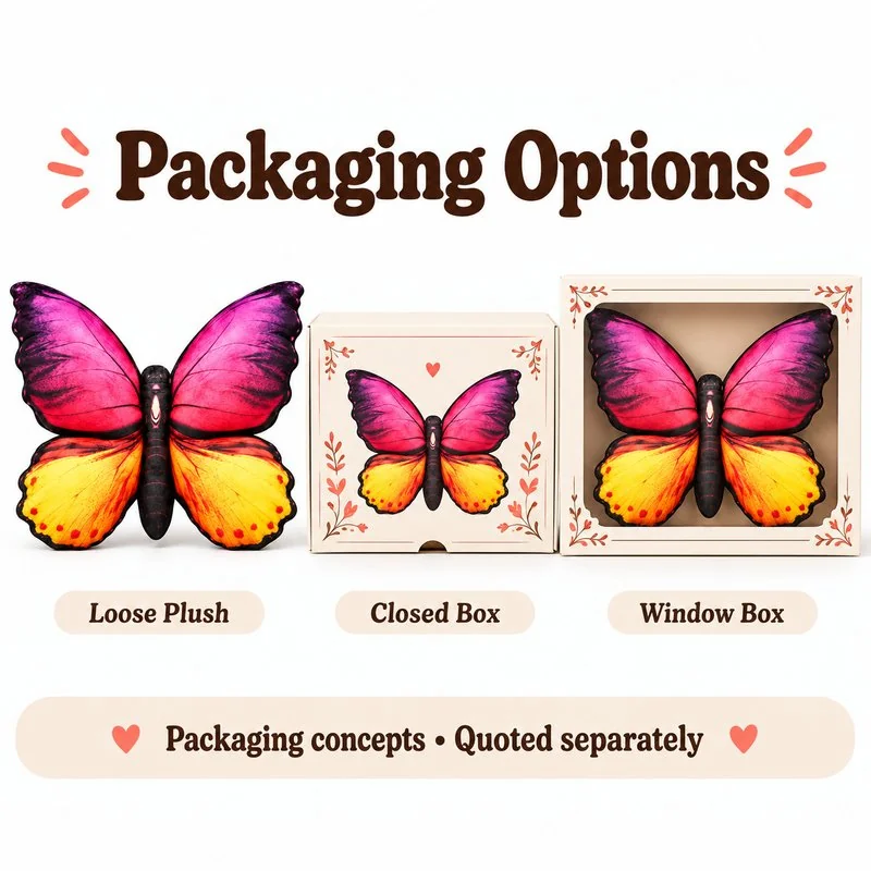 Pink Yellow Butterfly Plush Pillow — optional packaging concept; final artwork, fit and quotation require confirmation.