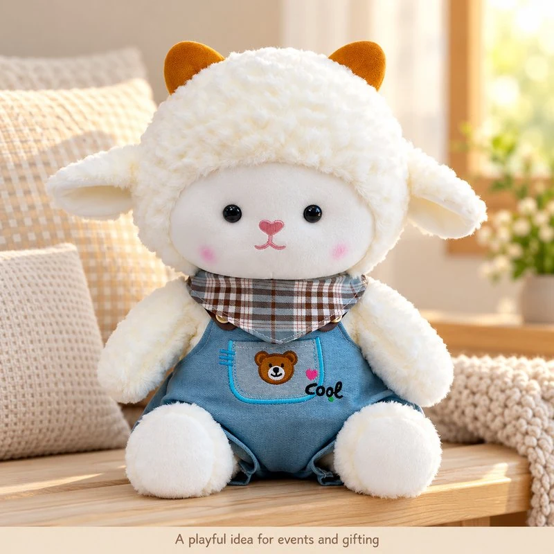 Illustrative application scene featuring plaid scarf overall lamb plush; setting is a concept.