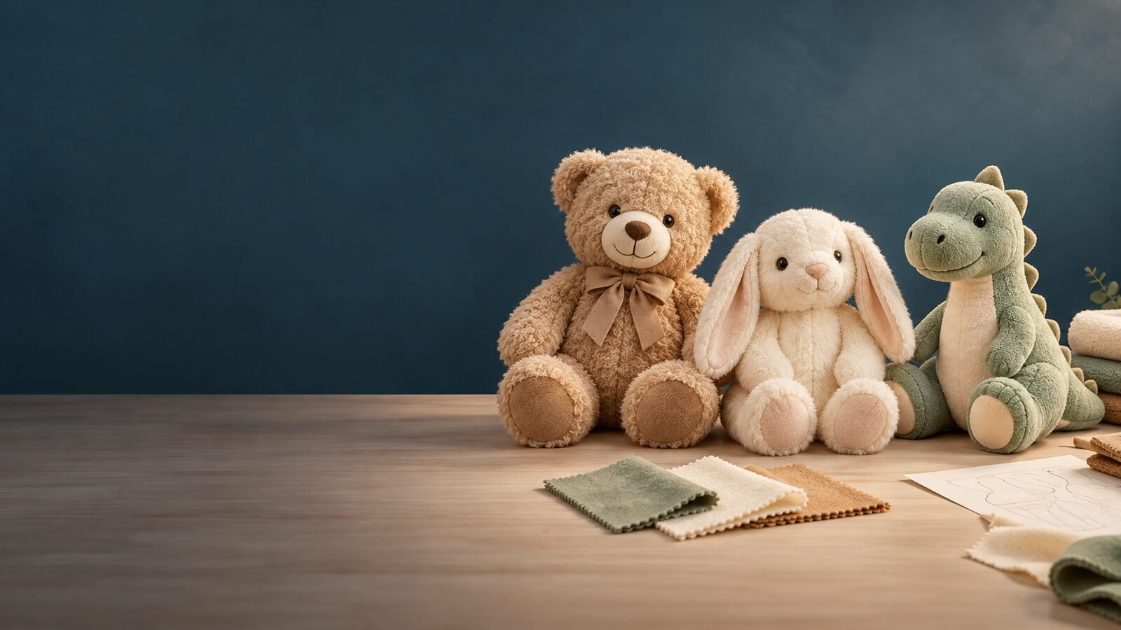 Illustrative teddy bear, rabbit and dinosaur plush concepts with fabric swatches