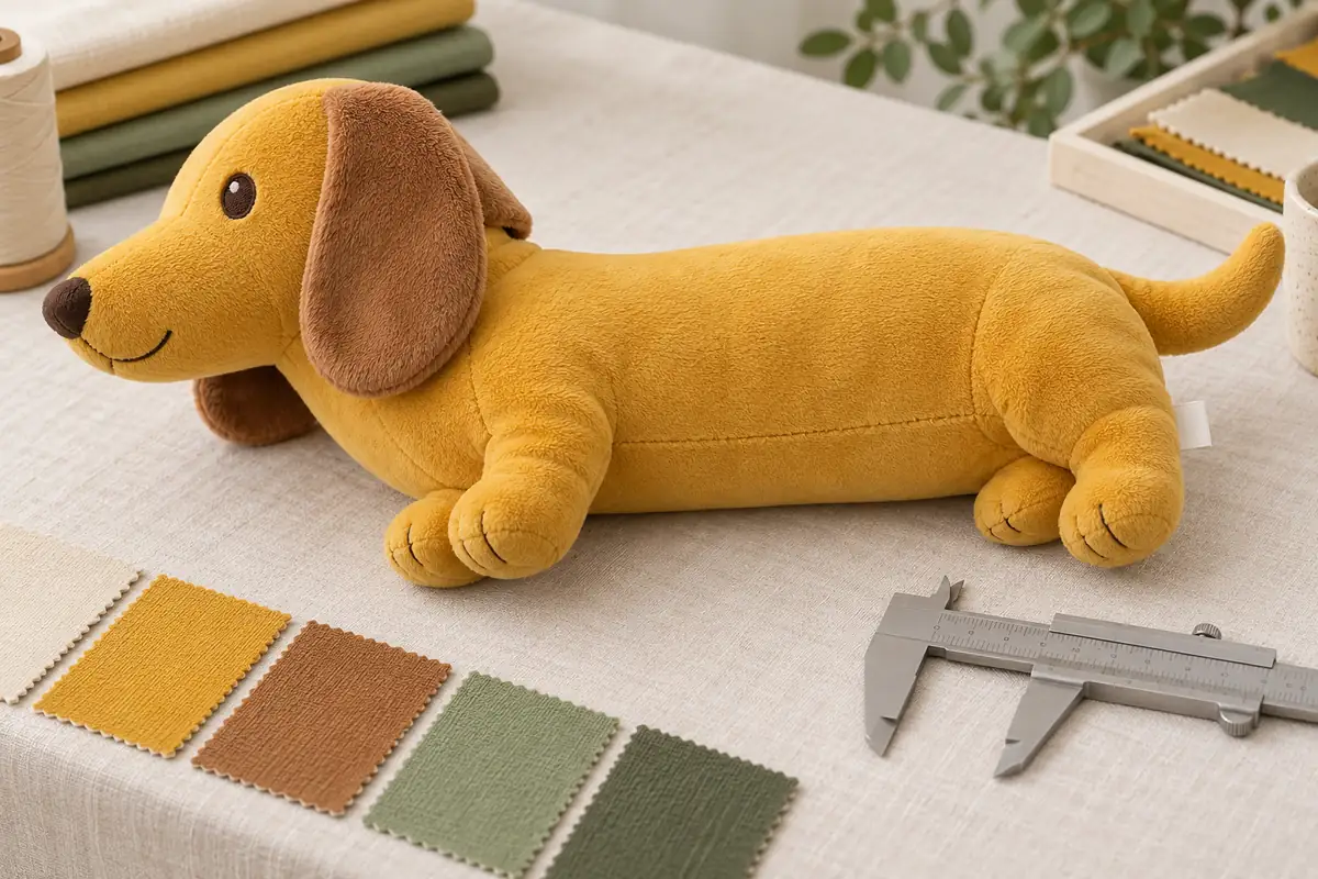 Illustrative close-up of a mustard dog plush showing embroidered features, seams and a blank sewn label.