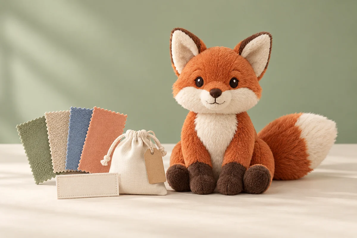 Illustrative fox plush concept with fabric swatches, a blank woven label and a gift pouch