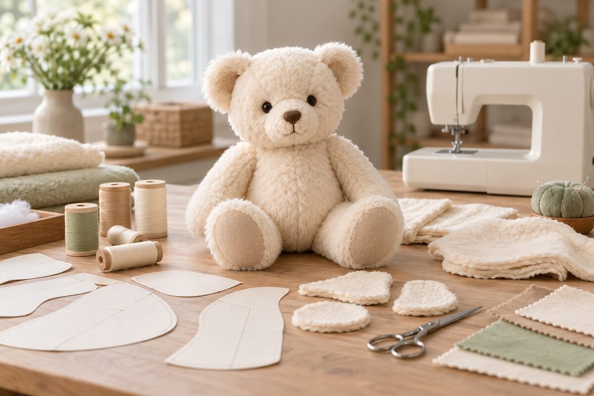 Illustrative teddy bear, paper patterns, fabric swatches and sewing tools
