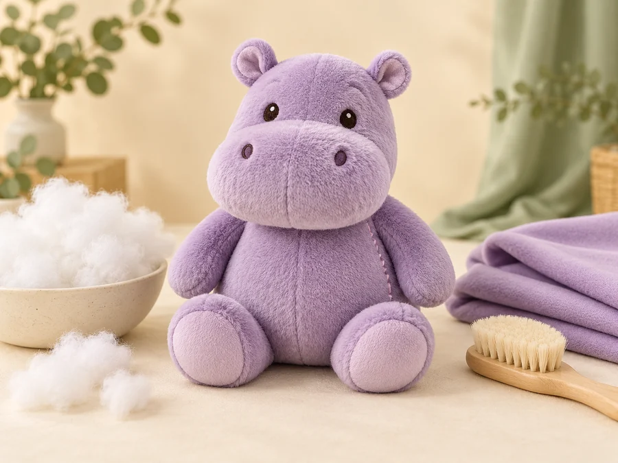 Illustrative finishing setup with a complete lilac hippo plush, loose fiberfill and a grooming brush.