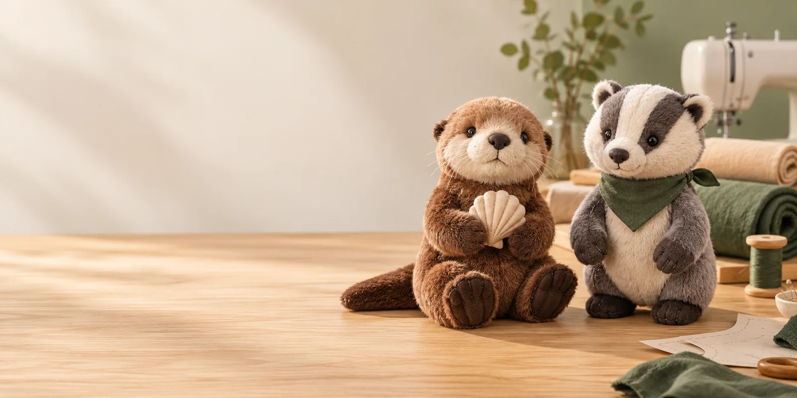 Illustrative plush manufacturing workbench with complete otter and badger plush samples.
