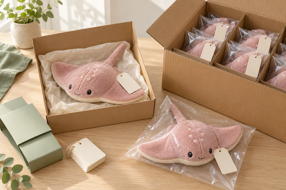 Illustrative export packing arrangement with pink stingray plush toys, paper sleeves and an open shipping carton.