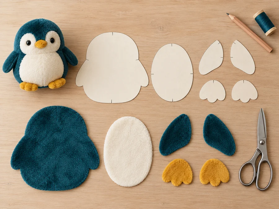 Illustrative flat lay of original plush penguin patterns, teal fabric panels and cutting tools.