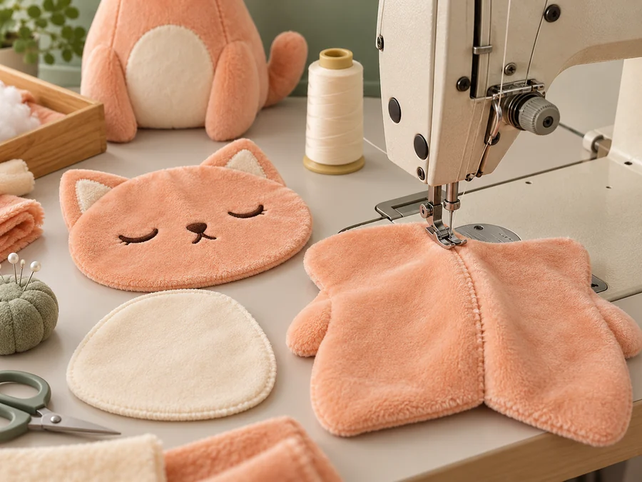 Illustrative sewing setup with a peach-colored original plush cat panel and cream stitching.