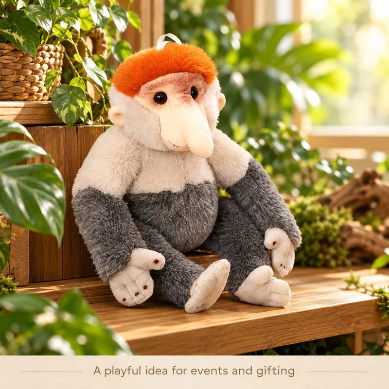 Illustrative application scene featuring proboscis monkey plush; setting is a concept.