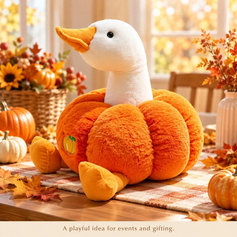 Illustrative application scene featuring pumpkin costume goose plush; setting is a concept.