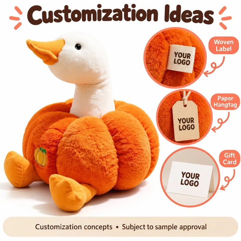 Customization concept for pumpkin costume goose plush; feasibility and sample approval required.