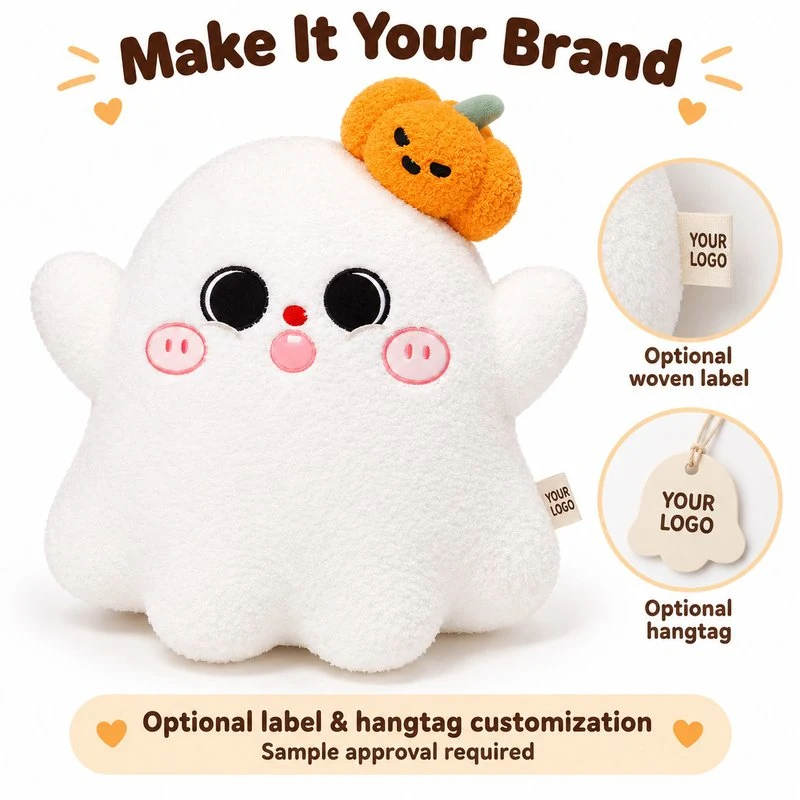 Customization concept for pumpkin hairpiece white ghost plush; feasibility and sample approval required.